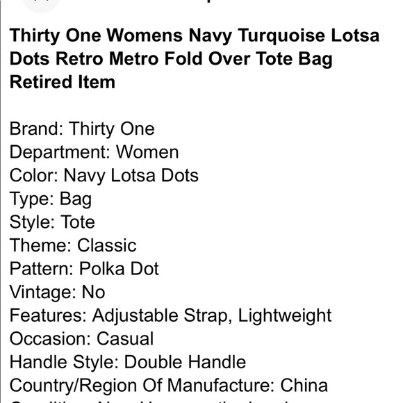 Thirty One Retro Metro Fold Over Tote Navy Lotsa Dots NNP - Picture 12 of 12